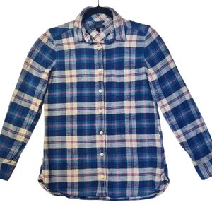 J Crew Flannel Shirt Womens Size 0 Plaid‎ 100% Cotton Blue Pink Cozy Classic
